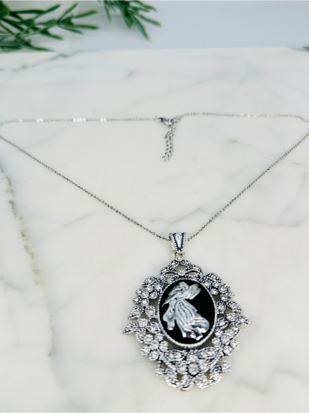 JTV Guardian Angel Necklace Black Enamel Pendant Silver Tone Rhinestones Titanic - Picture 6 of 10